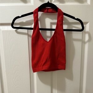 Aritzia Red Ribbed Halter V-Neck Crop Top